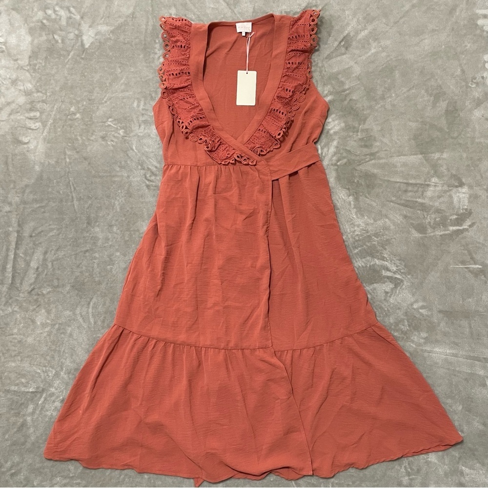 NWT Entro Elegant Wrap Around Lace Trim Dress Size Large Terracotta Boho Maxi
